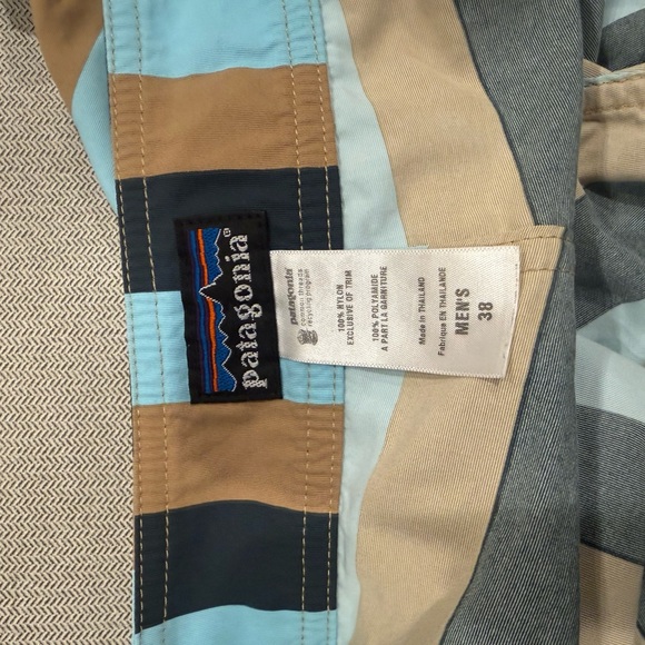 Patagonia Men's Blue and Tan Striped Board Shorts - Picture 2 of 3
